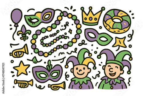 Festive Mardi Gras Doodles. Mardi Gras illustration doodle style: hand drawn beads with smile, masks, crown, star, balloon, king