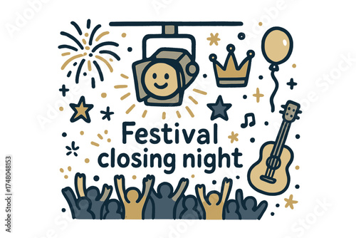 Festival Celebration Doodle. Festival closing night illustration doodle style: hand drawn stage lights with smile, fireworks,