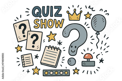 Quiz Show Doodle. Quiz show illustration doodle style: hand drawn question mark with smile, cards, crown, star, balloon, buzzer,