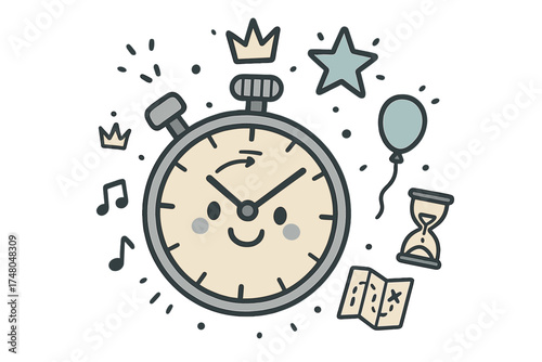 Whimsical Time Adventure. Time quest illustration doodle style: hand drawn stopwatch with smile, crown, star, balloon, sand timer,