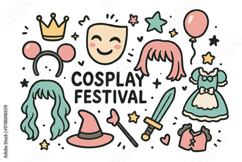 Cosplay Festival Doodle. Cosplay festival illustration doodle style: hand drawn anime mask with smile, crown, star, balloon,