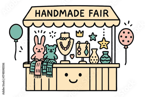 Charming Craft Fair Scene. Handmade fair illustration doodle style: hand drawn craft stall with smile, jewelry, crown, star,