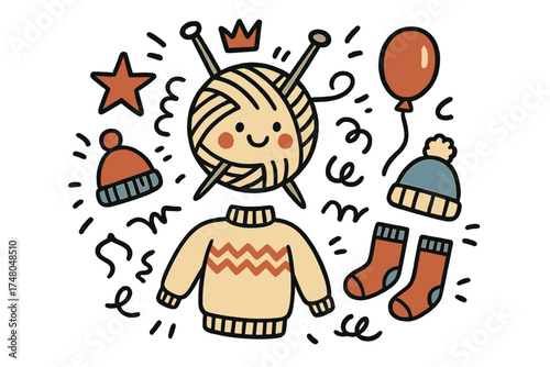 Happy Knitting Doodle. Knitting fun illustration doodle style: hand drawn yarn ball with smile, needles, crown, star, balloon,