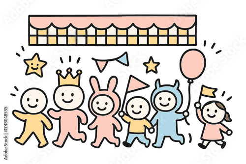 Cartoon Parade Celebration. Cartoon parade illustration doodle style: hand drawn mascot with smile, crown, star, balloon, costumes