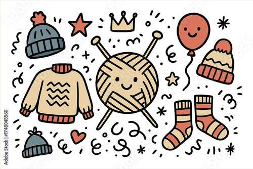 Happy Knitting Doodle. Knitting fun illustration doodle style: hand drawn yarn ball with smile, needles, crown, star, balloon,
