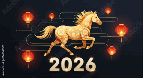 Luxurious vector of a stylized golden horse galloping above the glowing 2026,