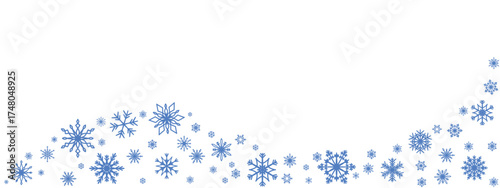 Snowflakes border in wave shape. Blue snowflakes winter holiday background. Copy space. Christmas decoration. Template with a xmas design elements. Snowflakes garland