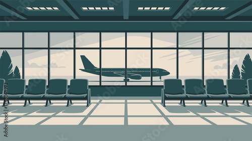 Airplane seen through the airport windows with empty seats in the waiting area in the foreground