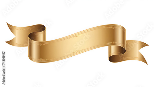 Realistic shiny gold ribbon banner for celebration or sale design. Isolated on transparent background.