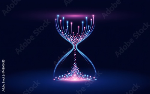 Abstract illustration of an hourglass composed of light particles, symbolizing time and its flow. The design suggests digital processes
