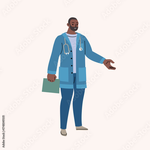 Male doctor. Young smiling black man medic worker in uniform scrub and stethoscope. Flat minimalistic modern design. Vector illustration.