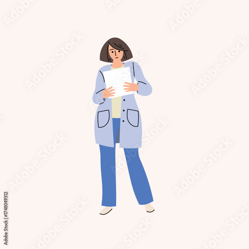 Female doctor. Young woman medic worker in uniform scrub is holding a clipboard with a medical record . Flat minimalistic modern design. Vector illustration.