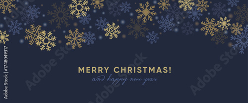 Snowflakes banner, Merry Christmas and Happy New Year typography. Winter holiday background design. Xmas card with snow flakes decoration, festive seasonal snowy pattern. Flat vector illustration.