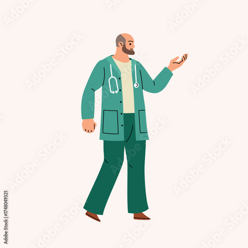 Male doctor. Young smiling man medic worker in uniform scrub and stethoscope. Flat minimalistic modern design. Vector illustration.