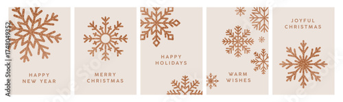 Christmas greeting cards set. Xmas and winter holiday festive posters with snowflake crystals. Snow flake patterns, New Year posters, seasonal vertical backgrounds. Flat vector illustrations.
