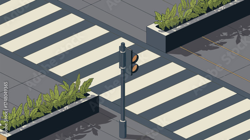 Isometric view of a crosswalk with a traffic light and planters in a stylized cartoon setting