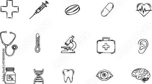Medical Healthcare Icons Set Black Line Art Vector Collection with Stethoscope, Syringe, Pill, Brain for Hospital Design and Wellness Graphics