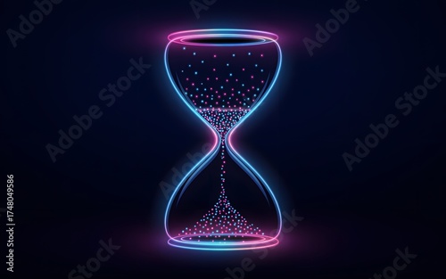 An Hourglass glowing with neon light. The sand appears as little points moving through the glass