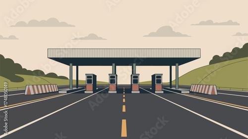 A toll booth on a highway with striped barriers and green hills under a cloudy sky in cartoon style