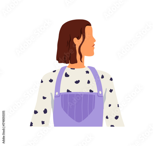 Woman profile. Abstract female face looking aside, head turned. Young faceless girl, attractive character in modern apparel, casual clothing. Flat vector illustration isolated on white background.
