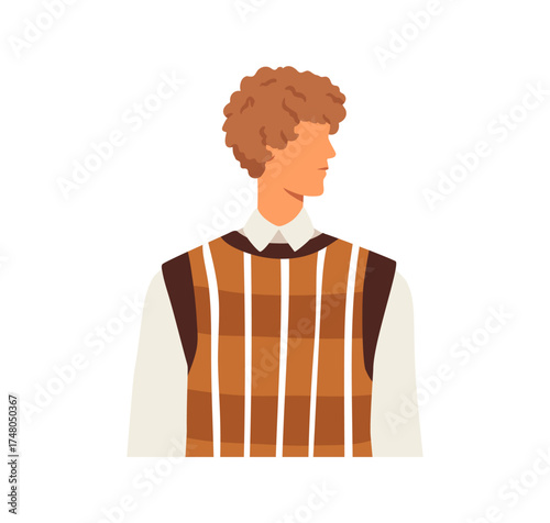 Man face profile looking aside. Young male office worker, employee with curly hair, modern hairstyle, head turned to side. Business character. Flat vector illustration isolated on white background.
