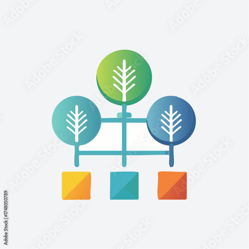 An abstract illustration depicting a hierarchical organizational structure with stylized trees and colored squares.