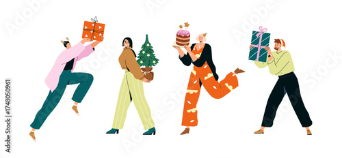 Christmas people set. Happy men and women celebrating New Year and Xmas holidays with gift box, present, festive cake and fir tree in hands. Flat vector illustrations isolted on white background.