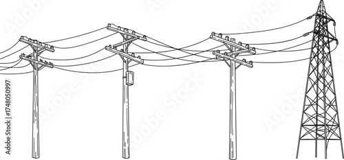 Electric transmission power poles and metal tower with cables vector illustration, wooden utility poles and high voltage