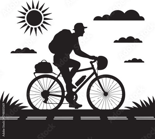 Silhouette of a cyclist with a backpack on a road under the sun and clouds bicycle cycling