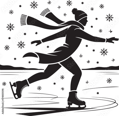 Silhouette of a figure ice skating on a frozen lake surrounded by snowflakes and winter landscape vector