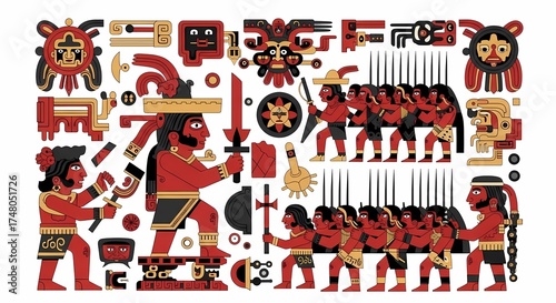 Ancient Aztec Codex Symbols and Warriors Illustration Set, Mesoamerican Tribal Glyph Art