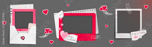 Photo frame templates with love theme for social media posts - pink romantic borders, envelope designs and heart decorations. Digital scrapbook elements with Valentine message cards and kiss prints.