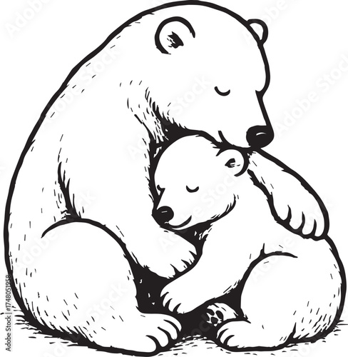 An affectionate polar bear mother lovingly embraces her cub in a tender moment, representing the warmth of family bonding.