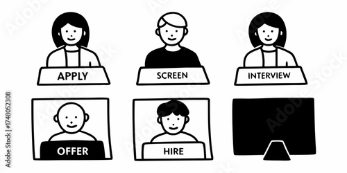 Illustration depicting the job application process with apply screen interview offer and hire stages