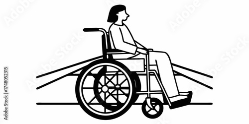 A simple line drawing of a woman sitting in a wheelchair with a ramp in black and white style image