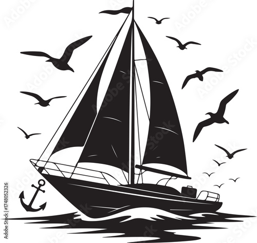 Silhouette of a sailboat with sails billowing and seagulls flying around it on a white background sailing