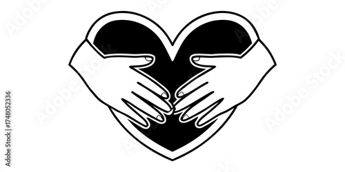 Two hands embracing a black heart shape with a white outline in a simple line art illustration