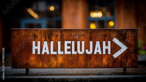 Rustic “HALLELUJAH” direction sign in industrial hall