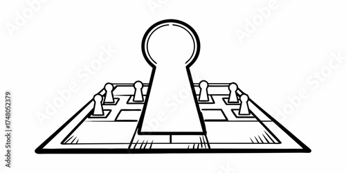 Stylized keyhole with pawns on a board game illustration in black and white simple line art style
