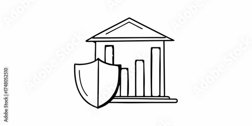 Illustration of a building with columns and a shield in front depicting financial security concept