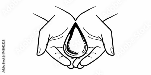 Drawing of two hands cupping a water droplet with shading and outline on a white background art