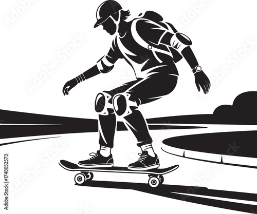 Silhouette of a skateboarder performing a trick on a skateboard with protective gear skateboarding action