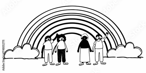 A group of four people standing under a rainbow with clouds on either side in black and white style