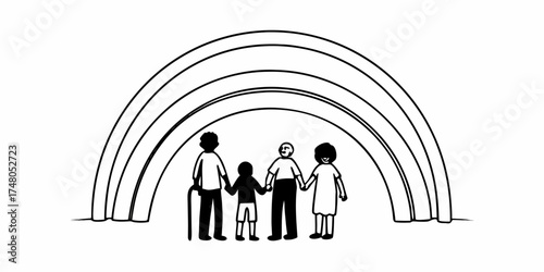Family standing under a rainbow holding hands in a black and white drawing with a cane for support