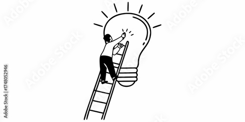 A person is climbing a ladder to reach a lightbulb that is emitting light rays in a black and white drawing