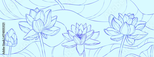 Blue lotus line drawings with delicate petals and flowing water curves for zen meditation design. Botanical outlines on light background with pond ripples. Sacred flowers and peaceful aquatic pattern