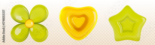 Bright 3d jelly shape set with green flower, yellow heart and lime star for sweet candy collection. Glossy gummy forms on transparent background. Colorful confectionery items and fruity treat elements
