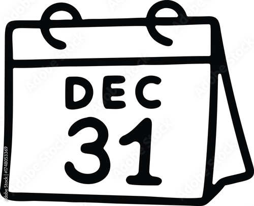 This simple sketch depicts a tear-off calendar page displaying 'DEC 31.' The image evokes the concept of the end of the year, New Year's Eve, and the transition into a new beginning. 