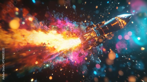 Fototapeta Naklejka Na Ścianę i Meble -  Rocket ship flying in colorful abstract space