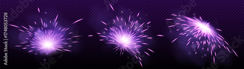 Purple spark effects with weld like bursts for game or animation - bright radial explosions, energy flashes and light rays on transparent background. Magic glow elements set with glow particles.
